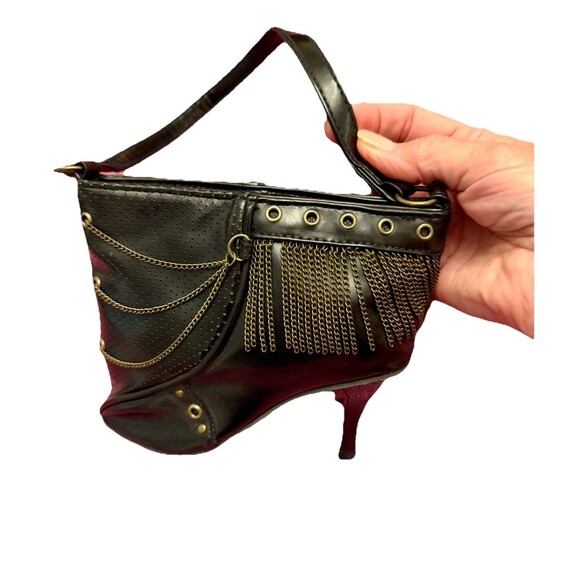 VTG High Heel Stiletto Bootie Purse Shoulder Bag Black Gold Brass Chain Trim - Picture 12 of 13